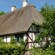 Trees and other vegetation surround a historical thatched roof house